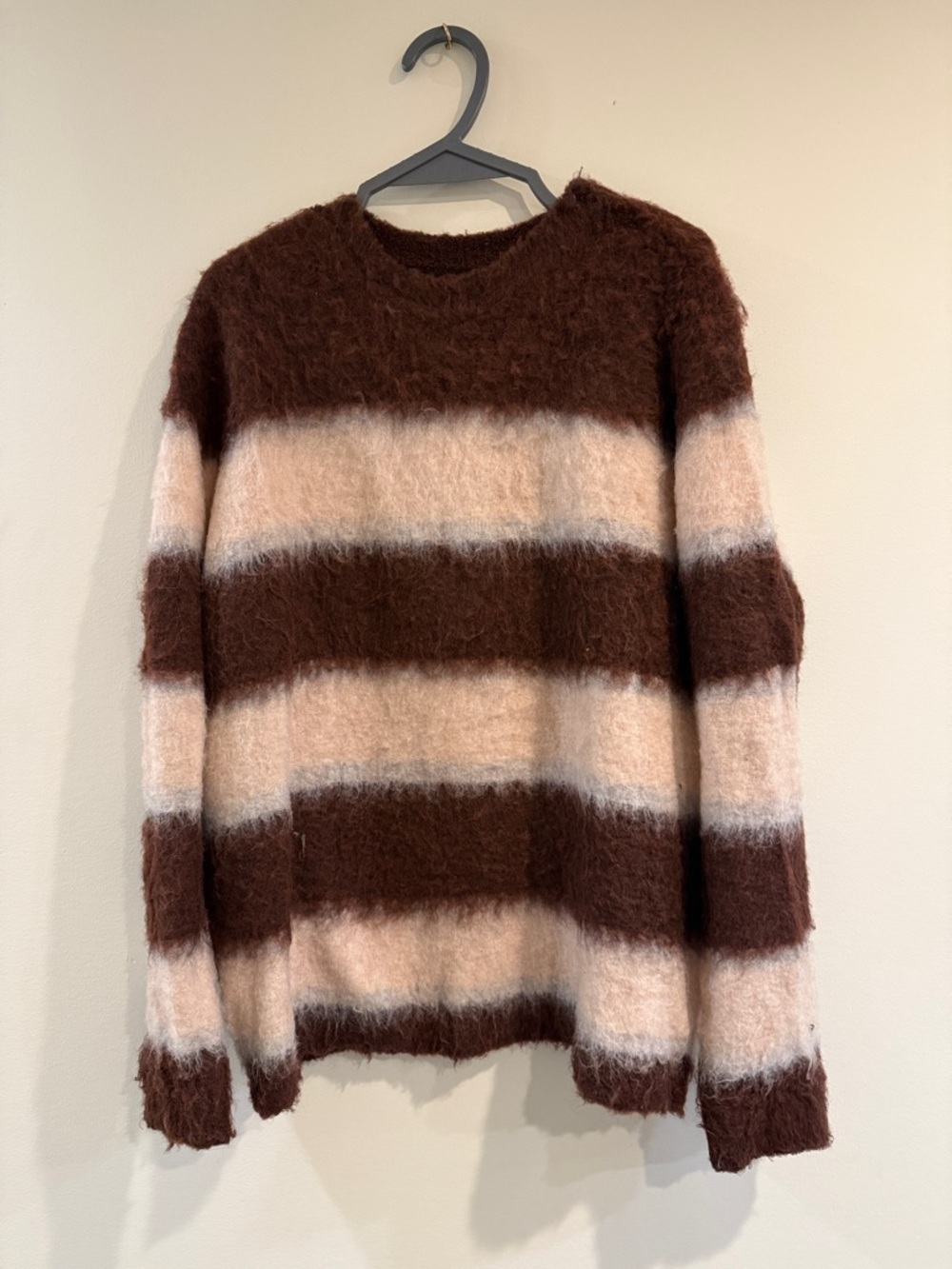 ASOS Brown and Cream Striped Fuzzy Crewneck Sweater